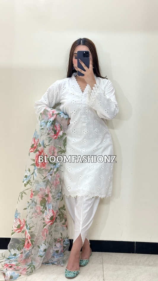 3 Piece Chikenkari Lawn Suit White