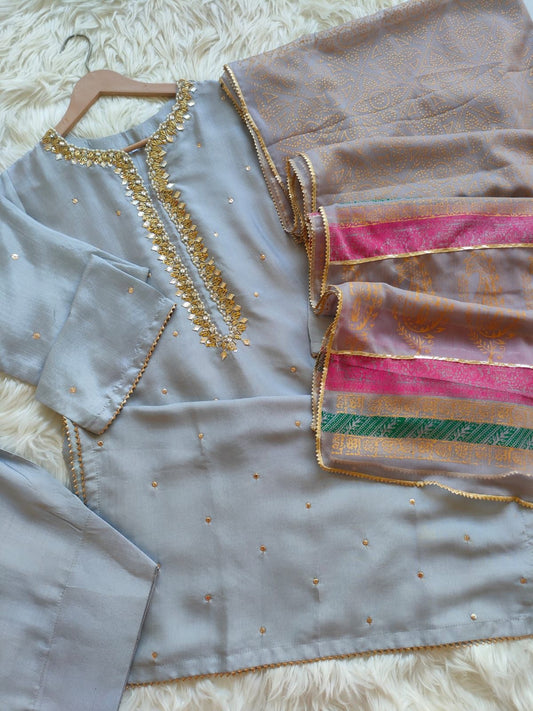 Grey - Raw Silk 3 Piece Embroidered with Farshi Shalwar