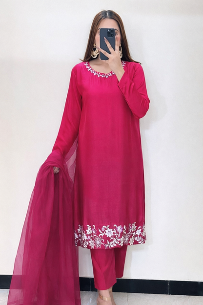 Haya Pink -3 Piece Raw Silk Suit with hand work