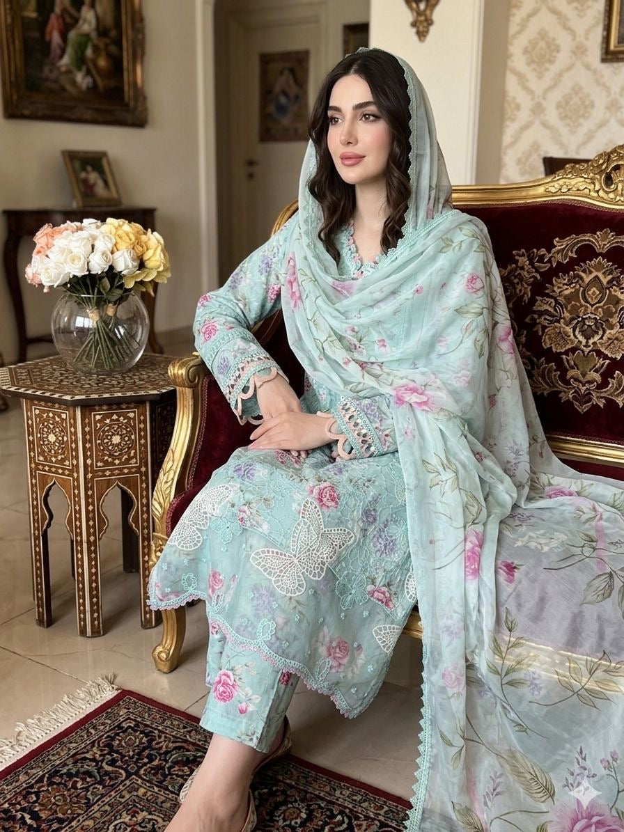 3 Piece Embroidered Lawn with Chiffon Dupata