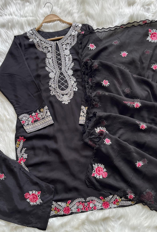 Black - Raw Silk 3 Piece Embroidered with Farshi Shalwar