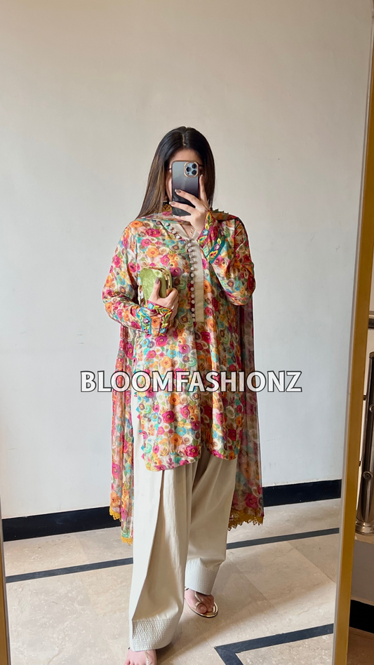 3 Piece Embroidered Pure Lawn Suit with Farshi Shalwar
