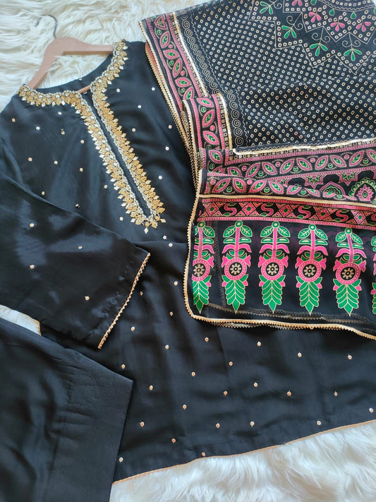 Black - Raw Silk 3 Piece Embroidered with Farshi Shalwar