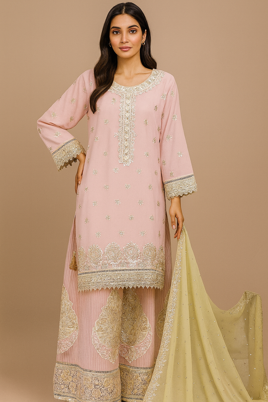 3 Piece Embroidered Chiffon Sharara Suit