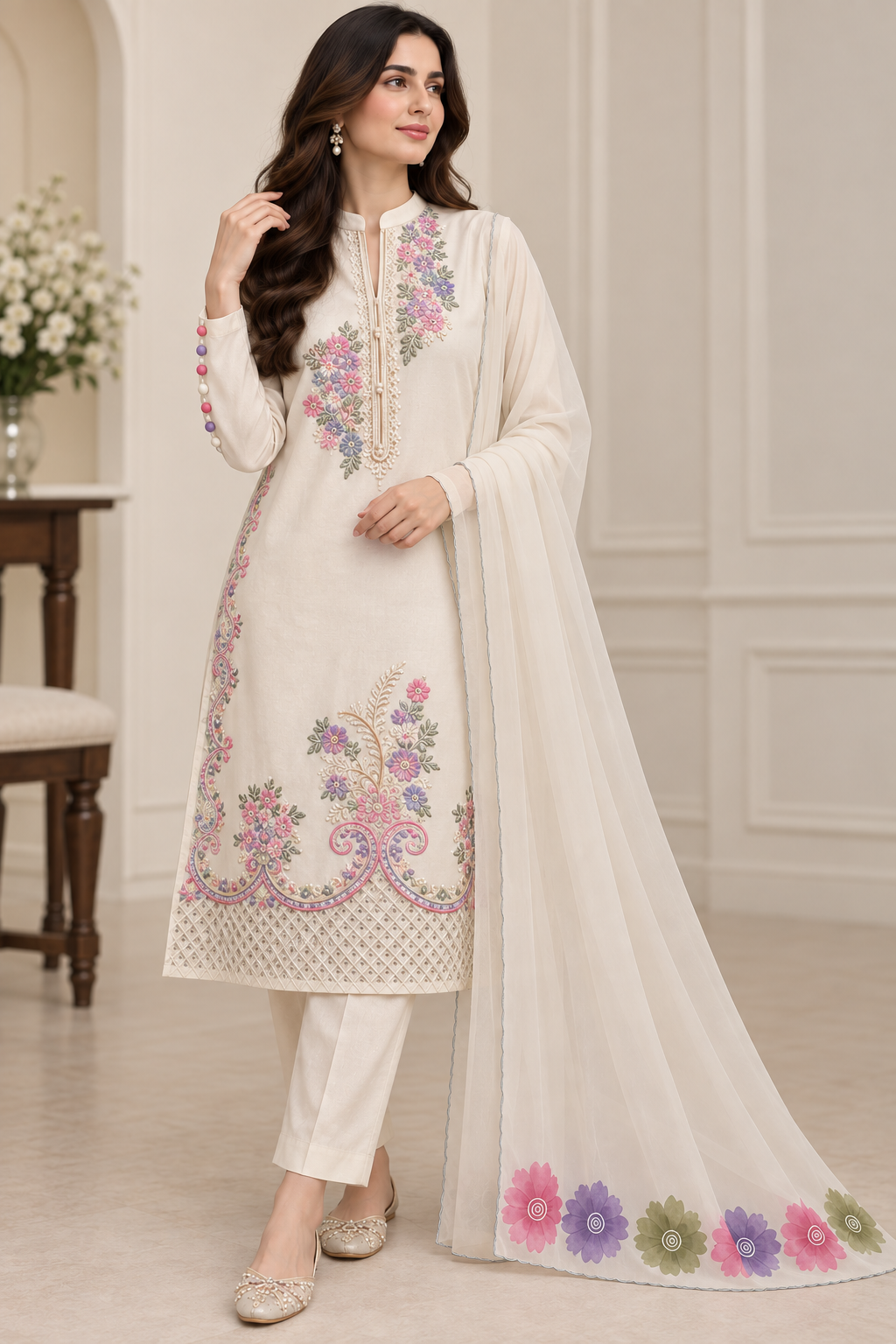 Raw Silk 3 Piece Embroidered