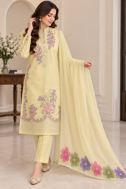 Raw Silk 3 Piece Embroidered