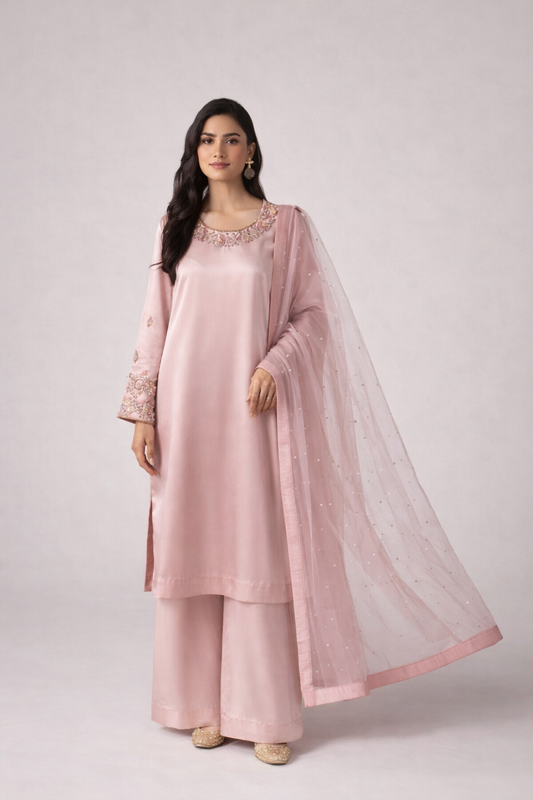 NOOR Pink -3 Piece Silk Suit with hand work