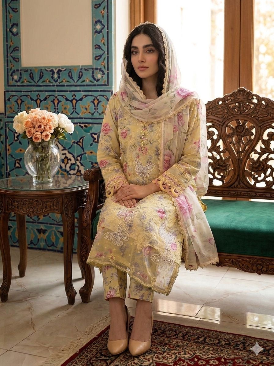 3 Piece Embroidered Lawn with Chiffon Dupata