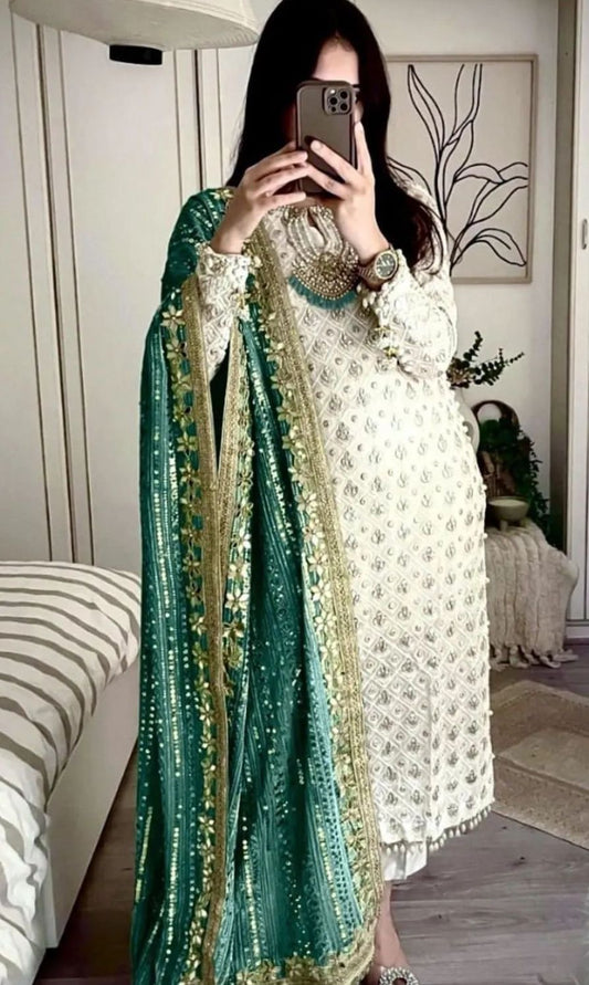 RANI- 3 Piece Chiffon Chikankari Suit Green