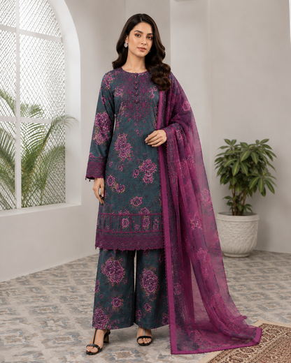 3 Piece Embroidered Lawn with Chiffon Dupata