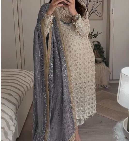 RANI- 3 Piece Chiffon Chikankari Suit Grey