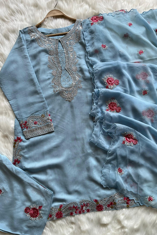 Raw Silk 3 Piece Embroidered with Shalwar