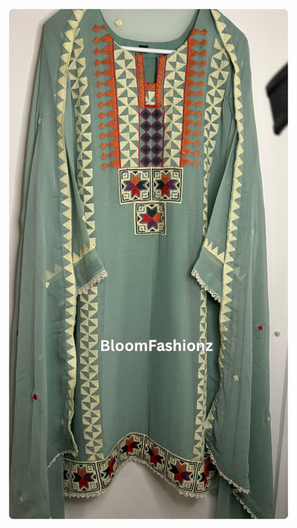 Ayat Three Piece Embroidered Chiffon Suit