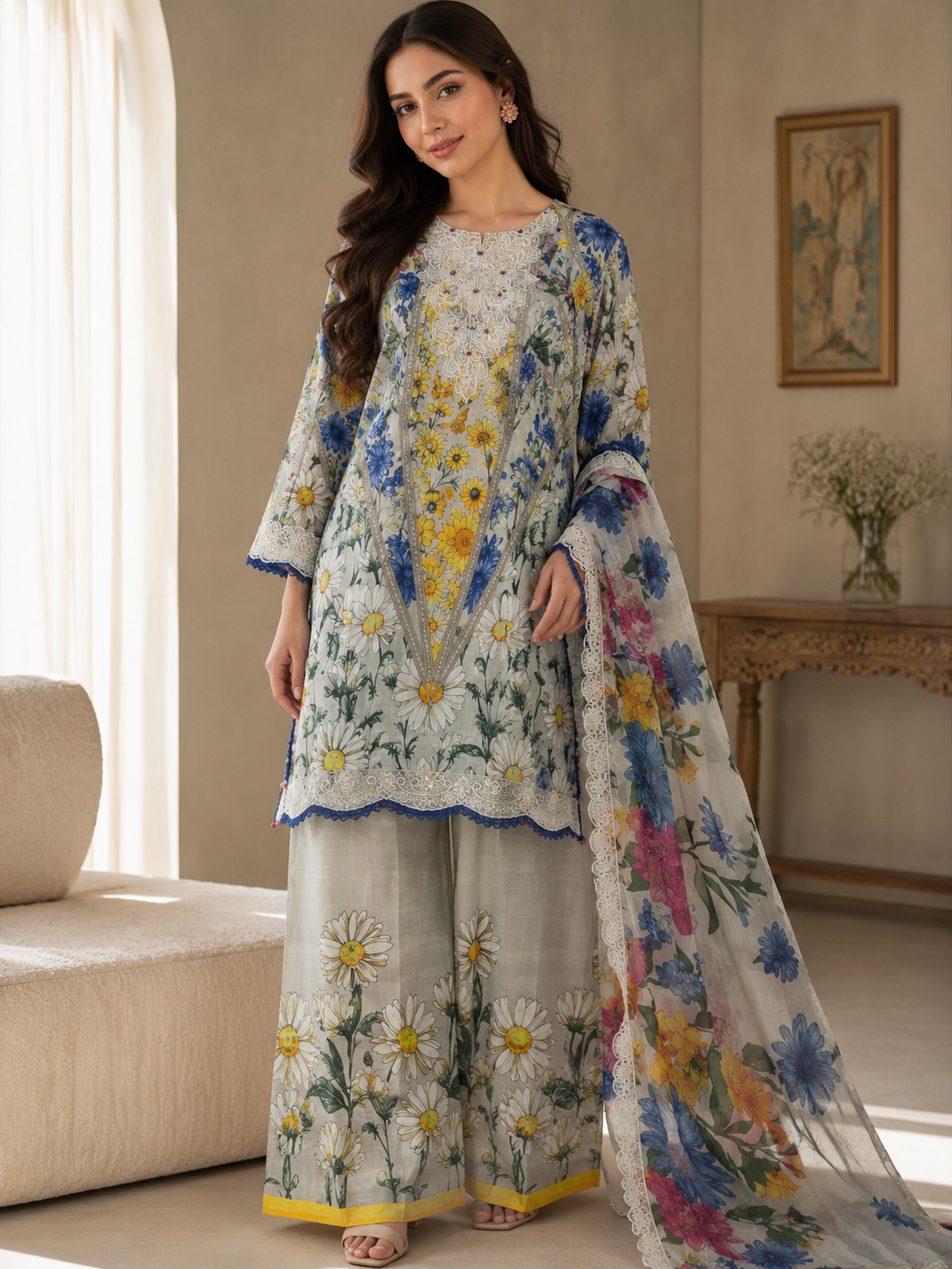 3 Piece Embroidered Lawn with Chiffon Dupata
