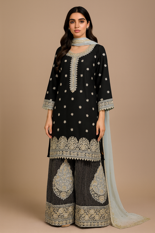 3 Piece Embroidered Chiffon Sharara Suit