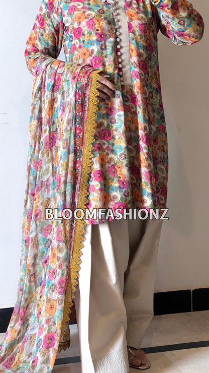3 Piece Embroidered Pure Lawn Suit with Farshi Shalwar