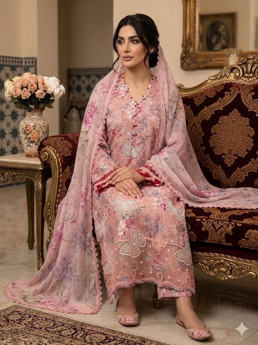3 Piece Embroidered Lawn with Chiffon Dupata