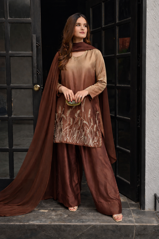 RAHA Cocoa-3 Piece Silk Farshi Suit with silver hand work