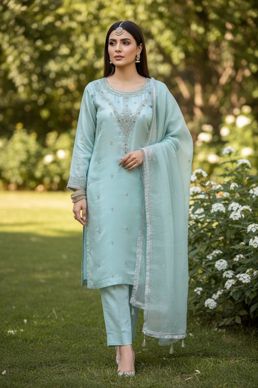 AMAL by BF - 3 Piece Embroidered Shesha Silk Suit