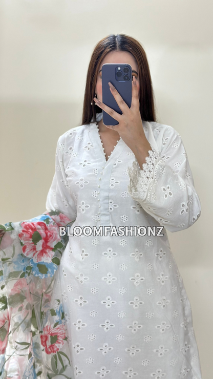3 Piece Chikenkari Lawn Suit White