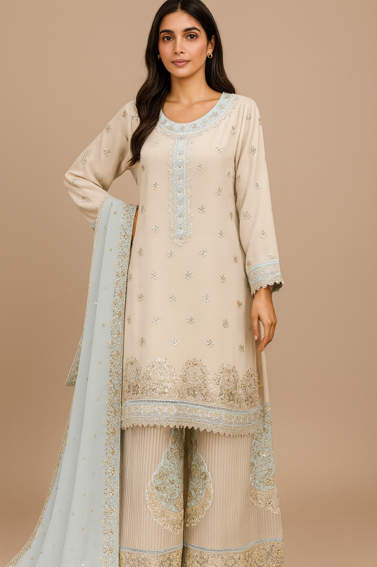 3 Piece Embroidered Chiffon Sharara Suit