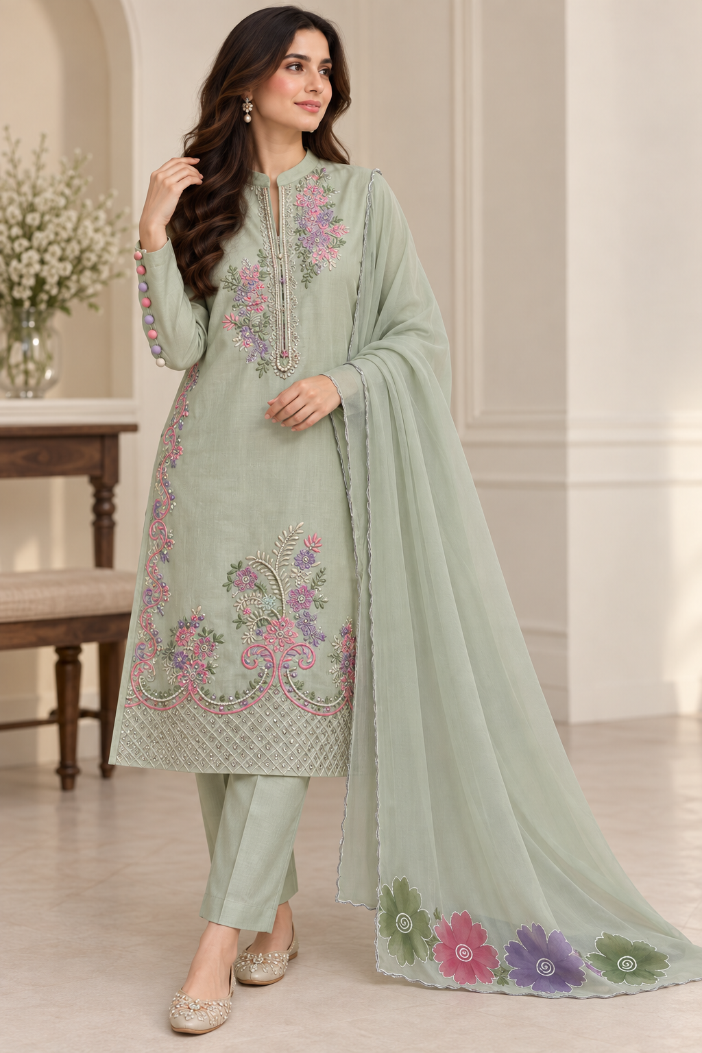 Raw Silk 3 Piece Embroidered