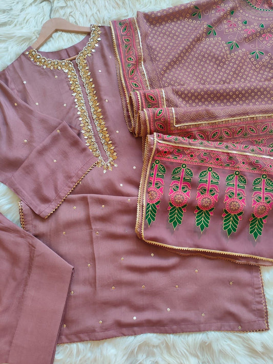 Tea Pink - Raw Silk 3 Piece Embroidered with Farshi Shalwar