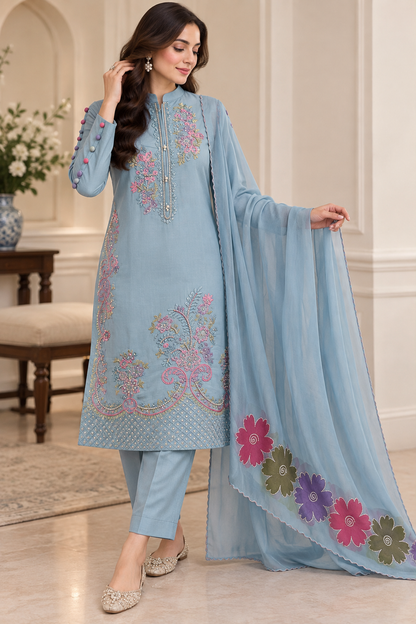Raw Silk 3 Piece Embroidered