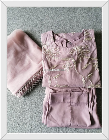 ESHAL - 3 Piece Lilac Net Suit with Pearl Detailing