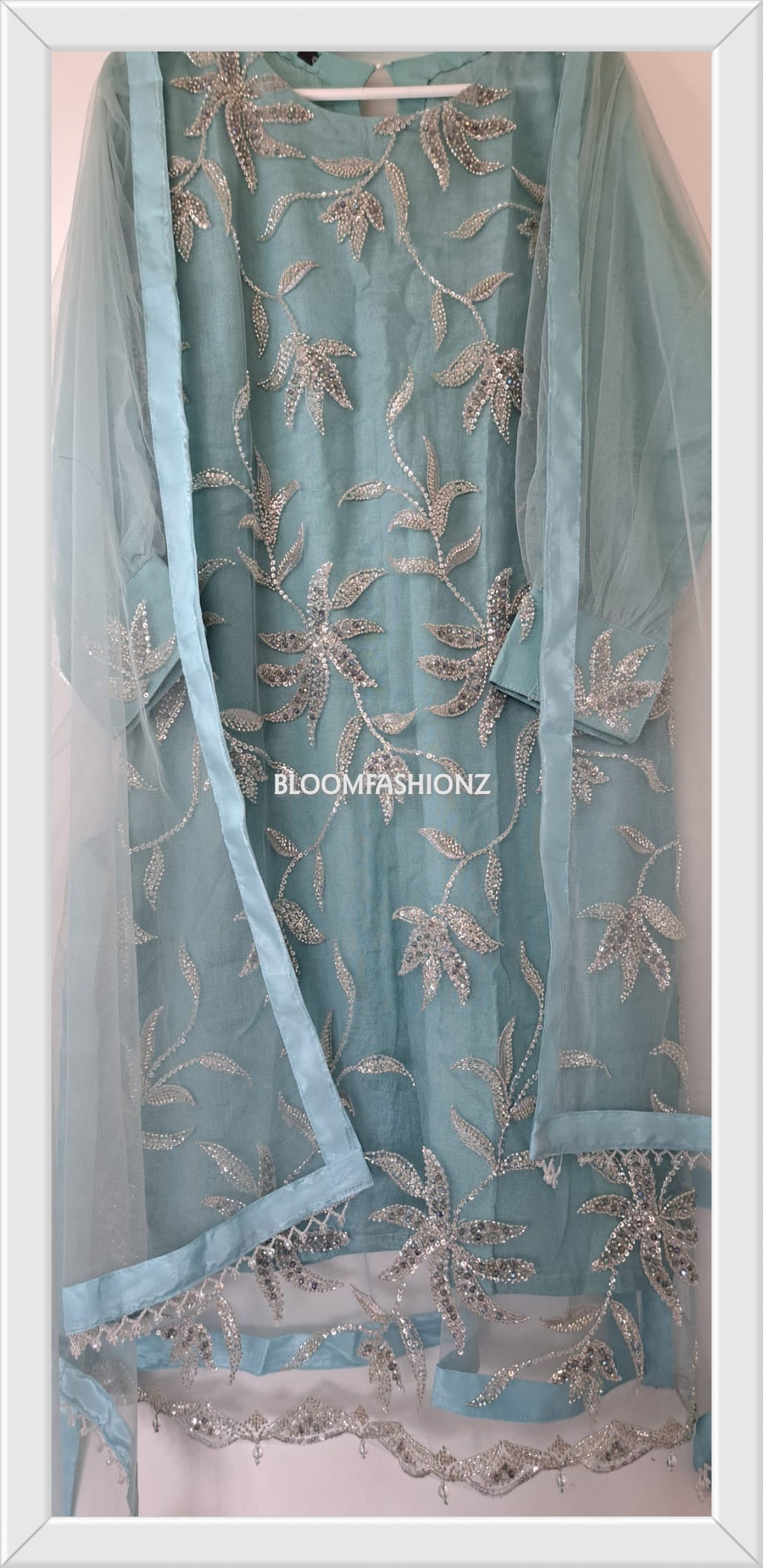 ESHAL - 3 Piece SkyBlue Net Suit with Pearl Detailing