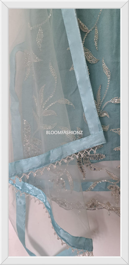 ESHAL - 3 Piece SkyBlue Net Suit with Pearl Detailing