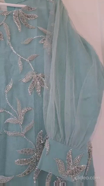 ESHAL - 3 Piece SkyBlue Net Suit with Pearl Detailing