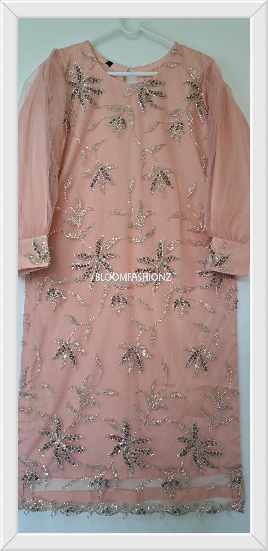 ESHAL - 3 Piece Peach Net Suit with Pearl Detailing