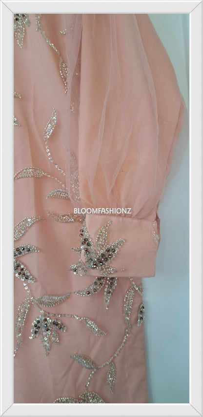 ESHAL - 3 Piece Peach Net Suit with Pearl Detailing