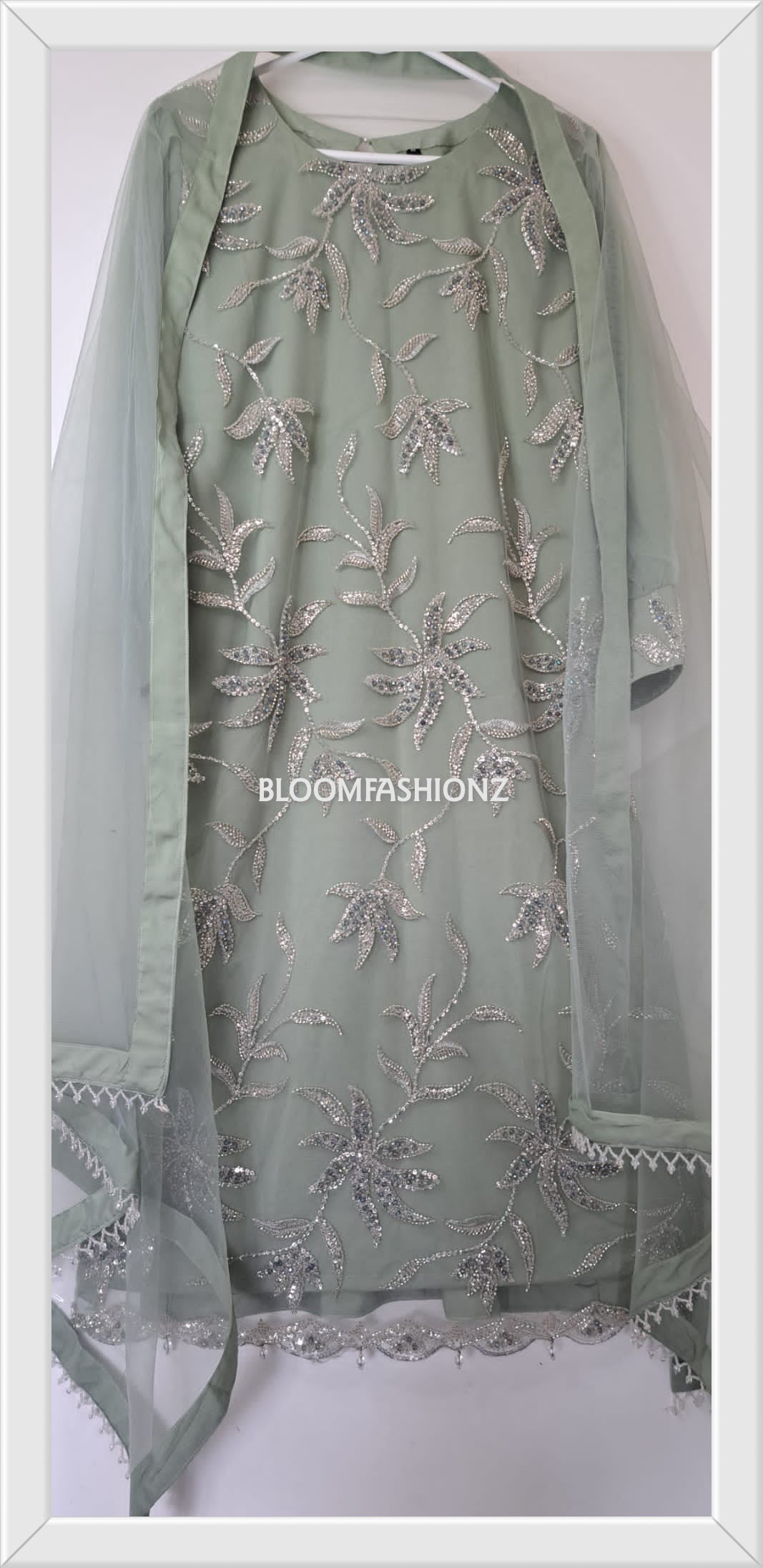 ESHAL - 3 Piece Mint Net Suit with Pearl Detailing