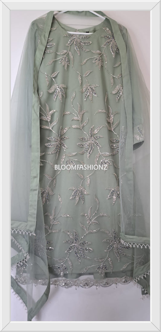 ESHAL - 3 Piece Mint Net Suit with Pearl Detailing