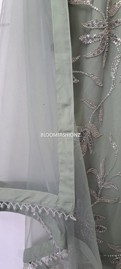 ESHAL - 3 Piece Mint Net Suit with Pearl Detailing