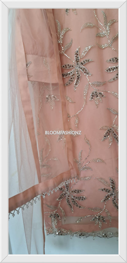 ESHAL - 3 Piece Peach Net Suit with Pearl Detailing